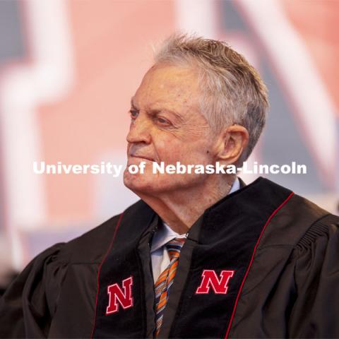 Former Husker Head Coach Tom Osborne watches an introductory video on the big screen.  Osborne delivered the commencement address “Begin with The End in Mind”. UNL Commencement in Memorial Stadium. May 8, 2021. Photo by Craig Chandler / University Communication.