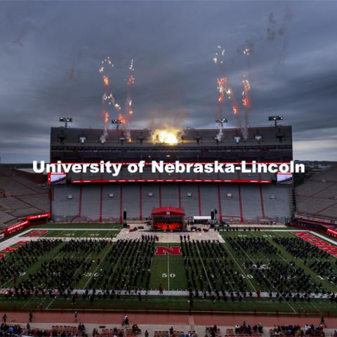 Fireworks spells out two “N”s during the recessional following the second afternoon ceremony. The university conferred a record 3,594 degrees during the May commencement ceremonies. UNL Commencement in Memorial Stadium. May 8, 2021. Photo by Craig Chandler / University Communication.