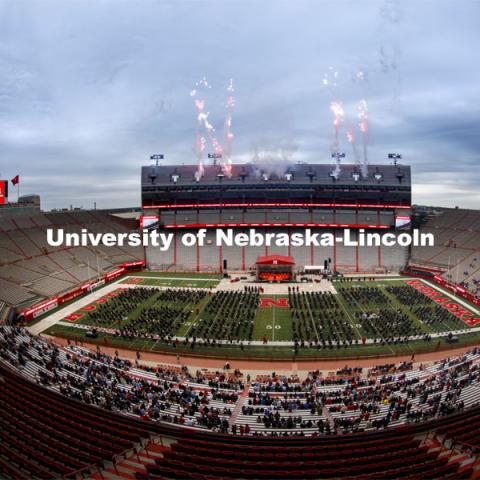 Fireworks spells out two “N”s during the recessional following the second afternoon ceremony. The university conferred a record 3,594 degrees during the May commencement ceremonies. UNL Commencement in Memorial Stadium. May 8, 2021. Photo by Craig Chandler / University Communication.