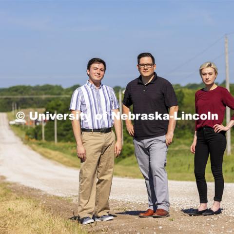 Ryan Herrschaft, Patrick Habecker and Bergen Johnston are researching rural drug addiction and drug use trends in Nebraska, and particularly looking at meth overdoses, which outnumber opioid overdoses in the state. Herrschaft, Habecker, and Bergen are part of the Rural Drug Addiction Research Center. June 23, 2021. Photo by Craig Chandler / University Communication.