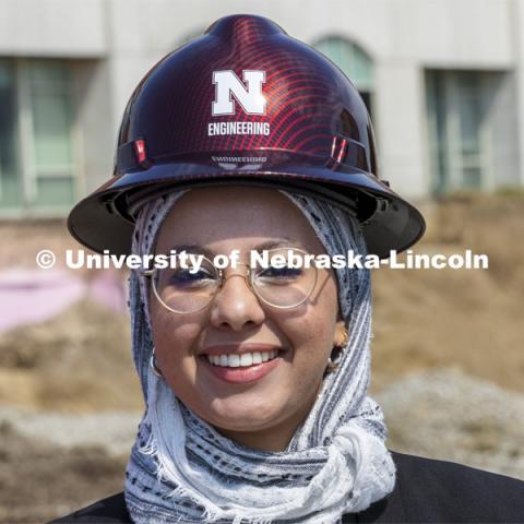 Noha Algahimi, a senior in chemical engineering, represented College of Engineering students for the Kiewit Hall groundbreaking of the new College of Engineering building. June 28, 2021. Photo by Craig Chandler / University Communication.