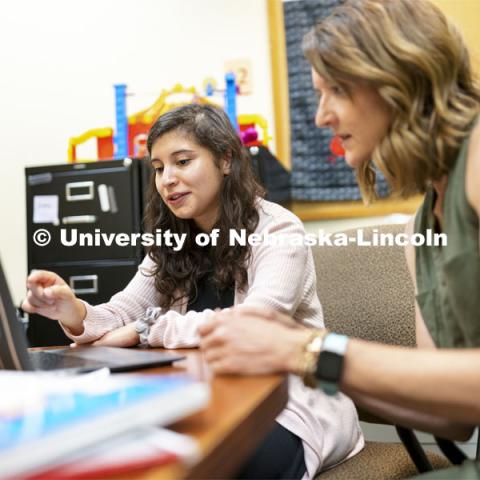 Lisa Knoche and McNair Scholar, Evelyn Estrada-Gonzalez are researching parent-child Interaction and parenting efficacy: Investigating support strategies used by teachers during family home visits. June 30, 2021. Photo by Craig Chandler / University Communication.