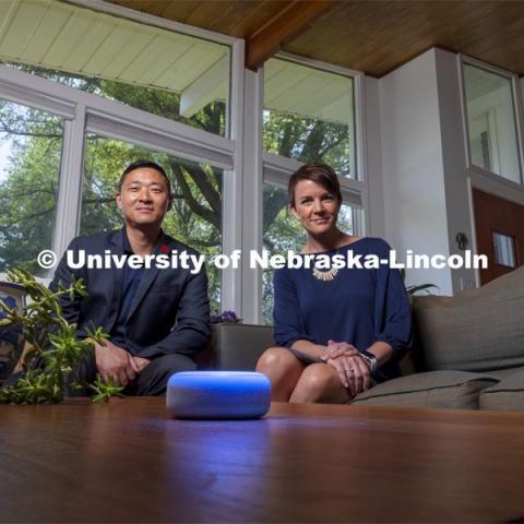 Changmin Yan and Valerie Jones collaborated with researchers at the University of Nebraska Medical Center and University of Nebraska at Omaha, through the College of Journalism and Mass Communication’s Consortium for Health Promotion and Translational Research. They found that interacting with personal voice assistants such as Amazon’s Echo Dot, otherwise known as Alexa, can lessen loneliness in older Americans who live alone. July 6, 2021. Photo by Craig Chandler / University Communication. 