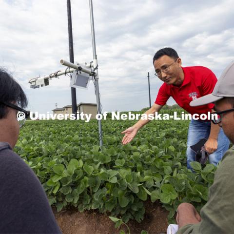 Yufeng Ge talks with Nipuna Chamara and Jun Xiao Zhang as they look over a plant remote sensor system being tested at the one-acre field phenotyping site at ENREC, near Mead, Nebraska. Yufeng Ge, Associate Professor of Biological Systems Engineering, is advancing high-tech plant phenotyping to study plant’s physical traits, leading to improved yields, drought resistance. He is photographed in the spider cam field near Mead, Nebraska. July 8, 2021. Photo by Craig Chandler / University Communication.