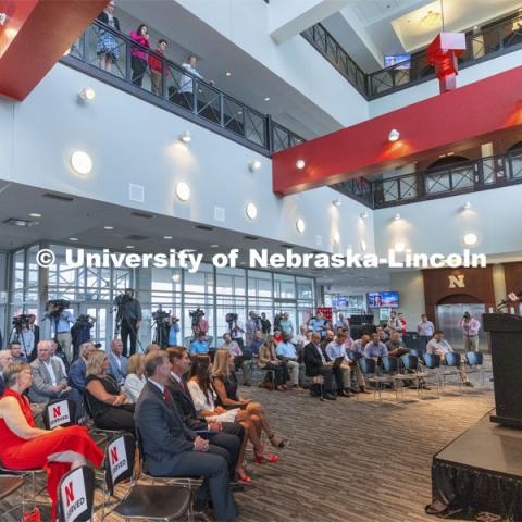 Chancellor Ronnie Green talks to the crowd to announce Trev Alberts has been named Nebraska's Athletic Director. Alberts returns to his alma mater after spending the last 12 years at UNO. July 14 2021. Photo by Craig Chandler / University Communication.