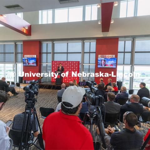 New Nebraska Athletic Director Trev Alberts addresses the media at the press conference. Alberts returns to his alma mater after spending the last 12 years at UNO. July 14 2021. Photo by Craig Chandler / University Communication.