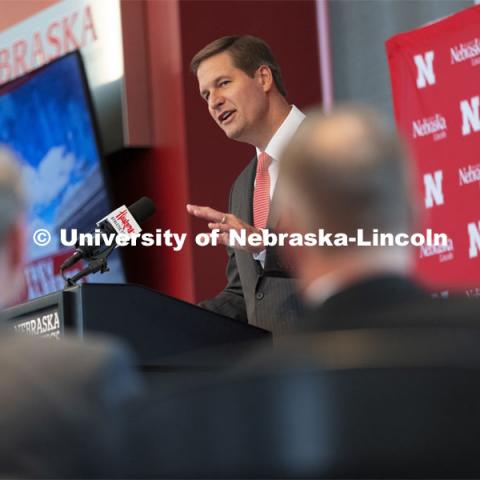 New Nebraska Athletic Director Trev Alberts addresses the media at the press conference. Alberts returns to his alma mater after spending the last 12 years at UNO. July 14 2021. Photo by Craig Chandler / University Communication.