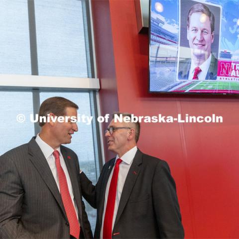 New Nebraska Athletic Director Trev Alberts and Chancellor Ronnie Green talk after the press conference. Alberts returns to his alma mater after spending the last 12 years at UNO. July 14 2021. Photo by Craig Chandler / University Communication.