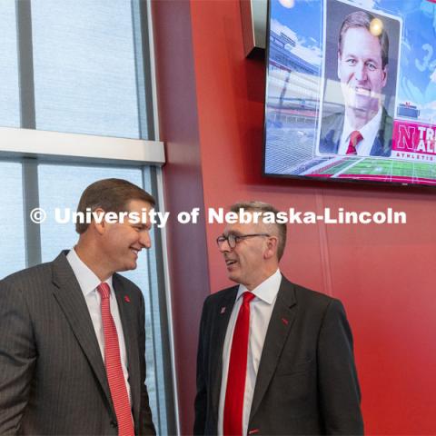 New Nebraska Athletic Director Trev Alberts and Chancellor Ronnie Green talk after the press conference. Alberts returns to his alma mater after spending the last 12 years at UNO. July 14 2021. Photo by Craig Chandler / University Communication.