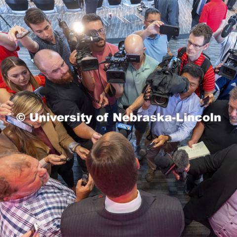 New Nebraska Athletic Director Trev Alberts is surrounded by the media after the press conference. Alberts returns to his alma mater after spending the last 12 years at UNO. July 14 2021. Photo by Craig Chandler / University Communication.