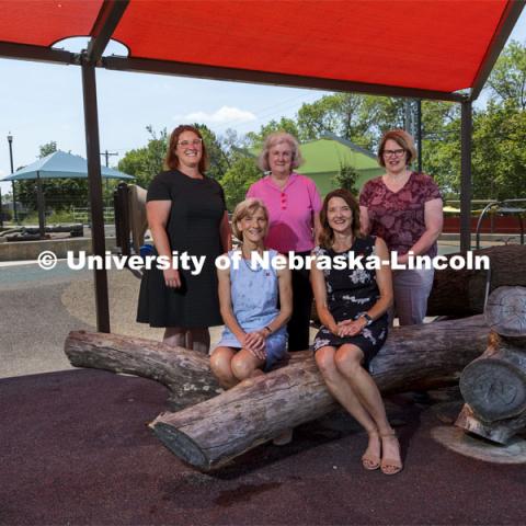CYFS group awarded DoEd grant to support early intervention services to help the families of infants and toddlers who are not developing typically. From left: Rachel Schachter, Sue Sheridan, Gwen Nugent, Lisa Knoche, all of UNL, and Sue Bainter, Nebraska Department of Education. July 28, 2021. Photo by Craig Chandler / University Communication.
