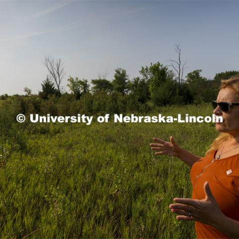 Sophia Perdikaris, Director of the School of Global Integrative Studies discusses her vision for the Reller Prairie Field Station southwest of Sprague, Nebraska. August 3, 2021. Photo by Craig Chandler / University Communication.