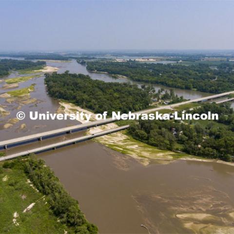 NOBL, the Nebraska Outdoor Bridge Lab as part of the College of Engineering is turning two bridge sites (for a total of three bridges) into a national research and educational facility for bridge health and testing. This bridge is across the Platte River on Highway 92 between Yutan and Omaha. August 9, 2021. Photo by Craig Chandler / University Communication.