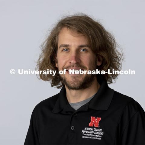 Studio portrait of Wes Gorans, project associate at the Nebraska College Preparatory Academy. August 12, 2021. Photo by Craig Chandler / University Communication.