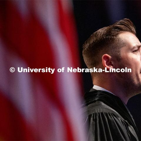 Trey Meyer, sings the national anthem at the Summer Graduate Commencement at Pinnacle Bank Arena. August 13, 2021. Photo by Craig Chandler / University Communication.