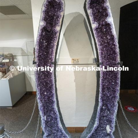 The giant amethyst geode quartz crystal. This particular specimen, often called the “purple parenthesis”. State Museum exhibits in Morrill Hall. September 2, 2021. Photo by Craig Chandler / University Communication.