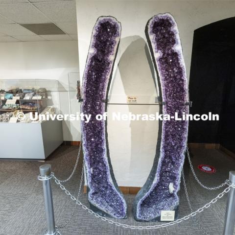 The giant amethyst geode quartz crystal. This particular specimen, often called the “purple parenthesis”. State Museum exhibits in Morrill Hall. September 2, 2021. Photo by Craig Chandler / University Communication.