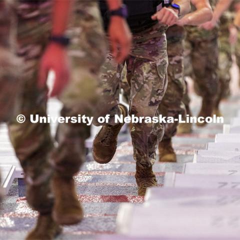 The majority of the cadets wore fatigues and boots for the run. UNL ROTC cadets and Lincoln first responders run the steps of Memorial Stadium to honor those who died on 9/11. Each cadet ran more than 2,000 steps. September 9, 2021. Photo by Craig Chandler / University Communication.