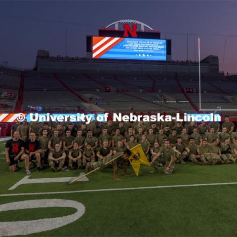UNL ROTC cadets pose for a group photo after running the steps of Memorial Stadium to honor those who died on 9/11. Each cadet ran more than 2,000 steps. September 9, 2021. Photo by Craig Chandler / University Communication.