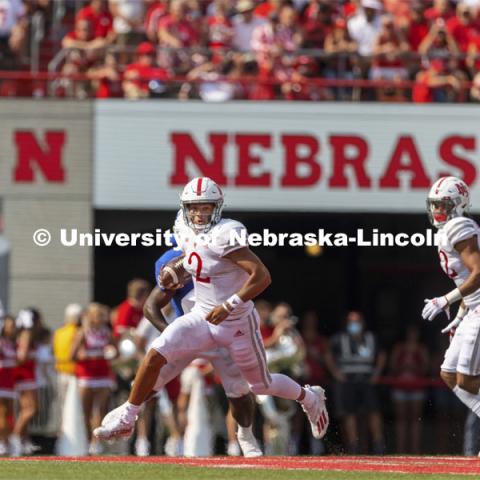 Quarterback Adrian Martinez #2 runs with the ball. Nebraska vs. Buffalo University game on the 20th anniversary of 9/11. Photo by Craig Chandler / University Communication.