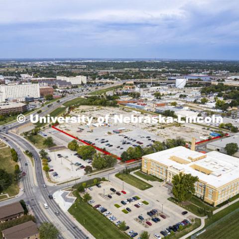 The former Cushman factory site owned by UNL is the site for a new living development aimed at alumni. This aerial photo shows the proposed site of the Unity Commons mixed-use development at 2100 Vine St. September 24, 2021. Photo by Craig Chandler / University Communication.