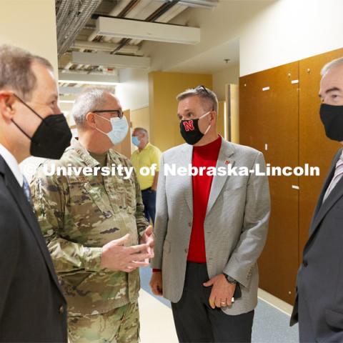 UNL Chancellor Ronnie Green talks with Maj. Gen. Daryl L. Bohac, Adjutant General, Nebraska National Guard, at the ceremony. Ribbon cutting for NSRI and IANR Collaborative Biosecurity Laboratory in the Morrison Virology Center on East Campus. September 27, 2021. Photo by Craig Chandler / University Communication.