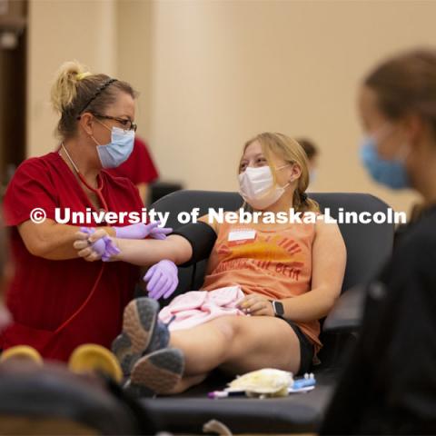 Students donating blood at the Homecoming week blood drive in Nebraska Union. September 28, 2021. Photo by Craig Chandler / University Communication.