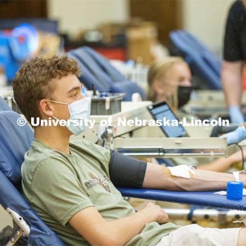 Students donating blood at the Homecoming week blood drive in Nebraska Union. September 28, 2021. Photo by Craig Chandler / University Communication.