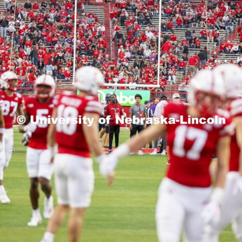 Husker recruits watch the pregame warmups from the field before the Nebraska vs Northwestern University homecoming game. October 2, 2021. Photo by Craig Chandler / University Communication.