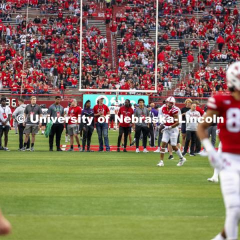 Husker recruits watch the pregame warmups from the field before the Nebraska vs Northwestern University homecoming game. October 2, 2021. Photo by Craig Chandler / University Communication.