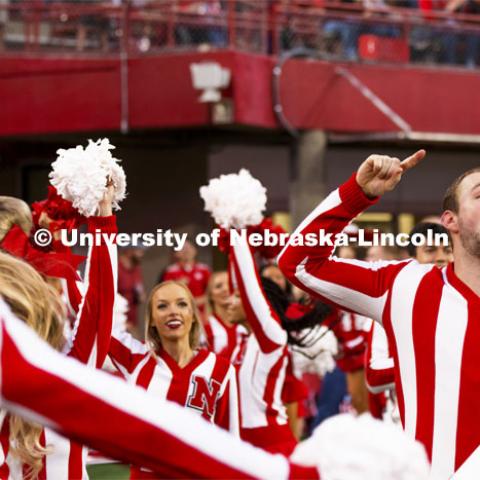 The NU Spirit Squad cheers on the Huskers. Nebraska vs Northwestern University homecoming game. October 2, 2021. Photo by Craig Chandler / University Communication.