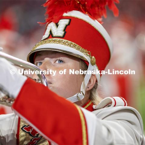 Drum major directing the Cornhusker Marching Band. Nebraska vs Northwestern University homecoming game. October 2, 2021. Photo by Craig Chandler / University Communication.