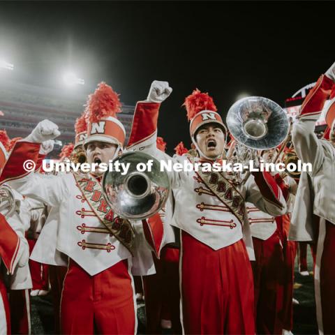 Drum major directing the Cornhusker Marching Band. Nebraska vs Northwestern University homecoming game. October 2, 2021. Photo by Craig Chandler / University Communication.