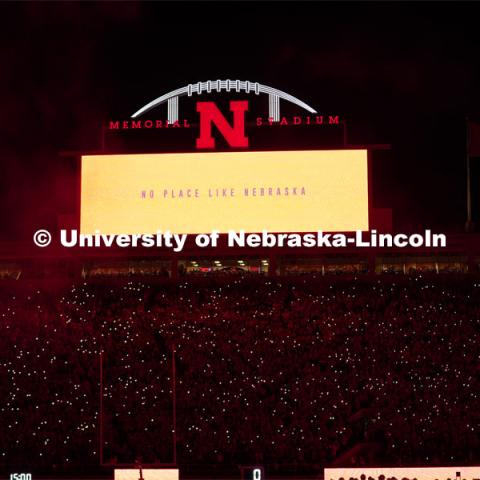 Memorial Stadium glows red in between the third and fourth quarters in a new Husker tradition.  October 2, 2021. Photo by Jordan Opp / Husker Athletics