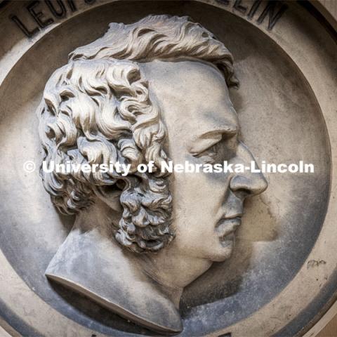 A relief portrait of Leopolt Gmelin, the 19th century chemist published one of the first major chemistry textbooks, adorns a wall on the fourth floor of Hamilton Hall. The portrait of Sheele and Gmelin were saved from UNL’s original chemistry building and now have a place of prominence again. Remodeled organic chemistry labs on Hamilton Hall’s 4th floor. October 5, 2021. Photo by Craig Chandler / University Communication.