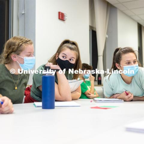 Hannah Sunderman, Program Director, NHRI Leadership Mentoring and Professor of Practice, works with her ALEC 102 Interpersonal Skills for Leadership class. They were doing a values game.October 7, 2021. Photo by Abby Durheim for University Communication.