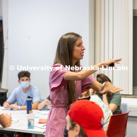 Hannah Sunderman, Program Director, NHRI Leadership Mentoring and Professor of Practice, works with her ALEC 102 Interpersonal Skills for Leadership class. They were doing a values game. October 7, 2021. Photo by Abby Durheim for University Communication.