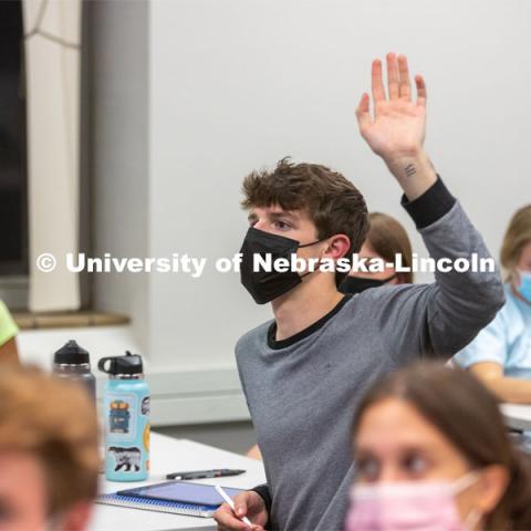 Hannah Sunderman, Program Director, NHRI Leadership Mentoring and Professor of Practice, works with her ALEC 102 Interpersonal Skills for Leadership class. They were doing a values game.October 7, 2021. Photo by Abby Durheim for University Communication.