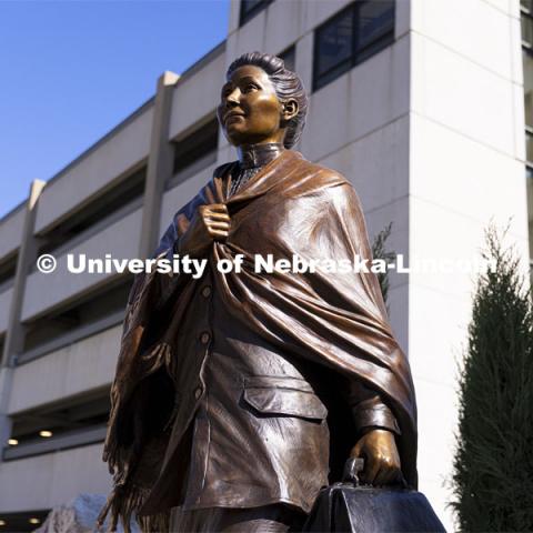 Dedication ceremony of a sculpture of Dr. Susan LaFlesche Picotte, the first Indigenous person to receive a medical degree was held at Heritage Plaza on Centennial Mall. Dr. LaFlesche Picotte was a member of the Omaha tribe. The sculpture dedication was part of the State’s day-long celebration of Nebraska’s first Indigenous Peoples Day. October 11, 2021. Photo by Craig Chandler / University Communication.