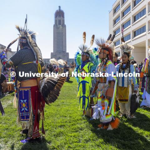 The White Eagle Club and Big Red Sheridan Family Drum gave a tribal powwow exhibition following the dedication. Dedication ceremony of a sculpture of Dr. Susan LaFlesche Picotte, the first Indigenous person to receive a medical degree was held at Heritage Plaza on Centennial Mall. Dr. LaFlesche Picotte was a member of the Omaha tribe. The sculpture dedication was part of the State’s day-long celebration of Nebraska’s first Indigenous Peoples Day. October 11, 2021. Photo by Craig Chandler / University Communication.