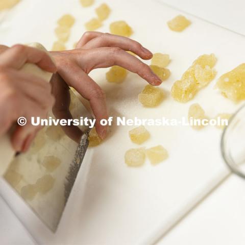 April Johnson cuts up gummies in the product development lab at Nebraska’s Food Innovation Center. She is one of a number of Huskers learning real-world career skills in the in the product development lab at the Food Innovation Center. One of the lab's clients is a company testing a pectin replacement for gummies. October 13, 2021. Photo by Craig Chandler / University Communication.