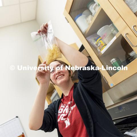 April Johnson is one of a number of Huskers learning real-world career skills in the in the product development lab at the Food Innovation Center. One of the lab's clients is a company testing a pectin replacement for gummies. October 13, 2021. Photo by Craig Chandler / University Communication.