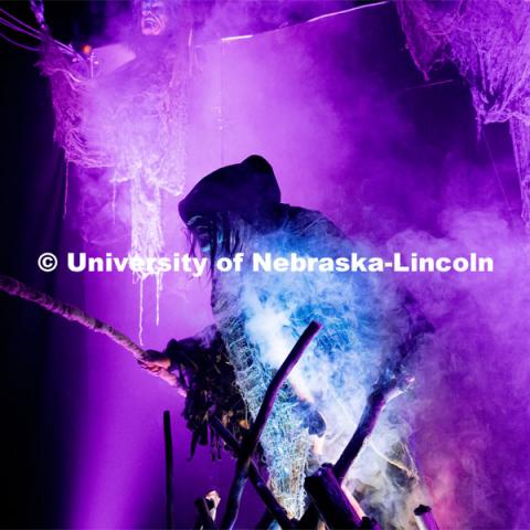 Imonie Jones is a witch at ShakesFEAR, a haunted house in the Temple Building. Dress rehearsal for ShakesFEAR. The Nebraska Repertory Theatre has turned Howell Theatre’s stage and backstage into a haunted house with a Shakespeare twist. ShakesFEAR opens October 15 and runs through Halloween. October 14, 2021. Photo by Jonah Tran / University Communication.