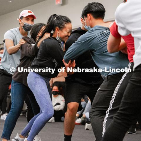 Students play Song Ran Len May (dragon-serpent game). Vietnamese Student Association (Recognized Student Organization) plays their own version of Squid Games during their meeting. October 21, 2021. Photo by Jonah Tran / University Communication.