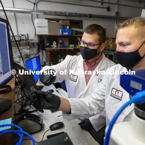 Eric Markvicka, Assistant Professor in Mechanical and Materials Engineering, center, and Ethan Krings, graduate student in mechanical engineering from Humphrey, Nebraska, look over an elastic polymer embedded with liquid metal droplets that themselves contain glass microparticles, Markvicka's team has improved the material's thermal conductivity while retaining its natural pliability. That could make the approach useful in engineering wearable technologies and soft robotics that can shed the excess heat produced by their microelectronics — reducing the risk of overheating — while remaining lightweight and elastic enough for practical use. November 4, 2021. Photo by Craig Chandler / University Communication.