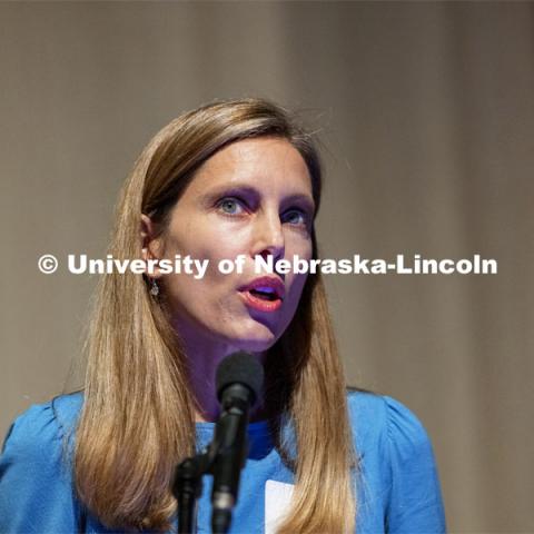 Jill O’Donnell, Director for the Yeutter Institute, talks at the celebration in the Sheldon auditorium. Book launch and celebration of “Rhymes with Fighter: Clayton Yuetter, American Statesman”. The book by journalism professor Joseph Weber is a biography about Yeutter. November 4, 2021. Photo by Craig Chandler / University Communication.