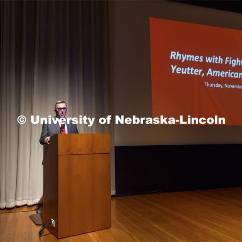 Chancellor Ronnie Green talks at the celebration in the Sheldon auditorium. Book launch and celebration of “Rhymes with Fighter: Clayton Yuetter, American Statesman”. The book by journalism professor Joseph Weber is a biography about Yeutter. November 4, 2021. Photo by Craig Chandler / University Communication.