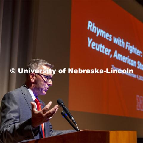 Chancellor Ronnie Green talks at the celebration in the Sheldon auditorium. Book launch and celebration of “Rhymes with Fighter: Clayton Yuetter, American Statesman”. The book by journalism professor Joseph Weber is a biography about Yeutter. November 4, 2021. Photo by Craig Chandler / University Communication.