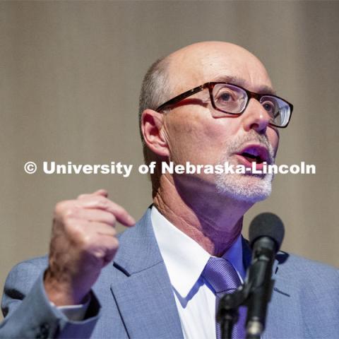 Journalism professor Joseph Weber discusses his research for the book. Book launch and celebration of “Rhymes with Fighter: Clayton Yuetter, American Statesman”. The book by journalism professor Joseph Weber is a biography about Yeutter. November 4, 2021. Photo by Craig Chandler / University Communication.