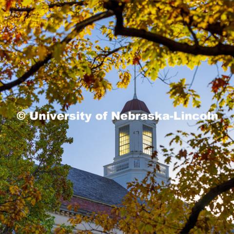 The sun shows through Love Library’s cupola which is framed by fall leaves. Fall on city campus. November 5, 2021. Photo by Craig Chandler / University Communication.